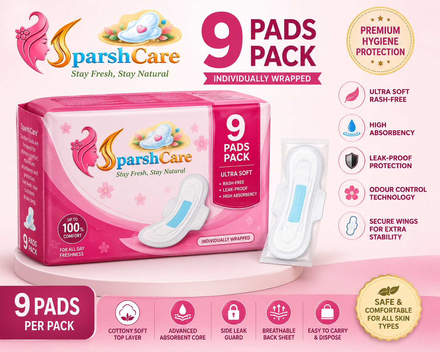 sparshcare sanitary pads 9 combo pack | ultra soft, rash free, leak proof protection | heavy flow day & night pack sparshcare sanitary pads 9 combo pack | ultra soft, rash free, leak proof protection | heavy flow day & night pack